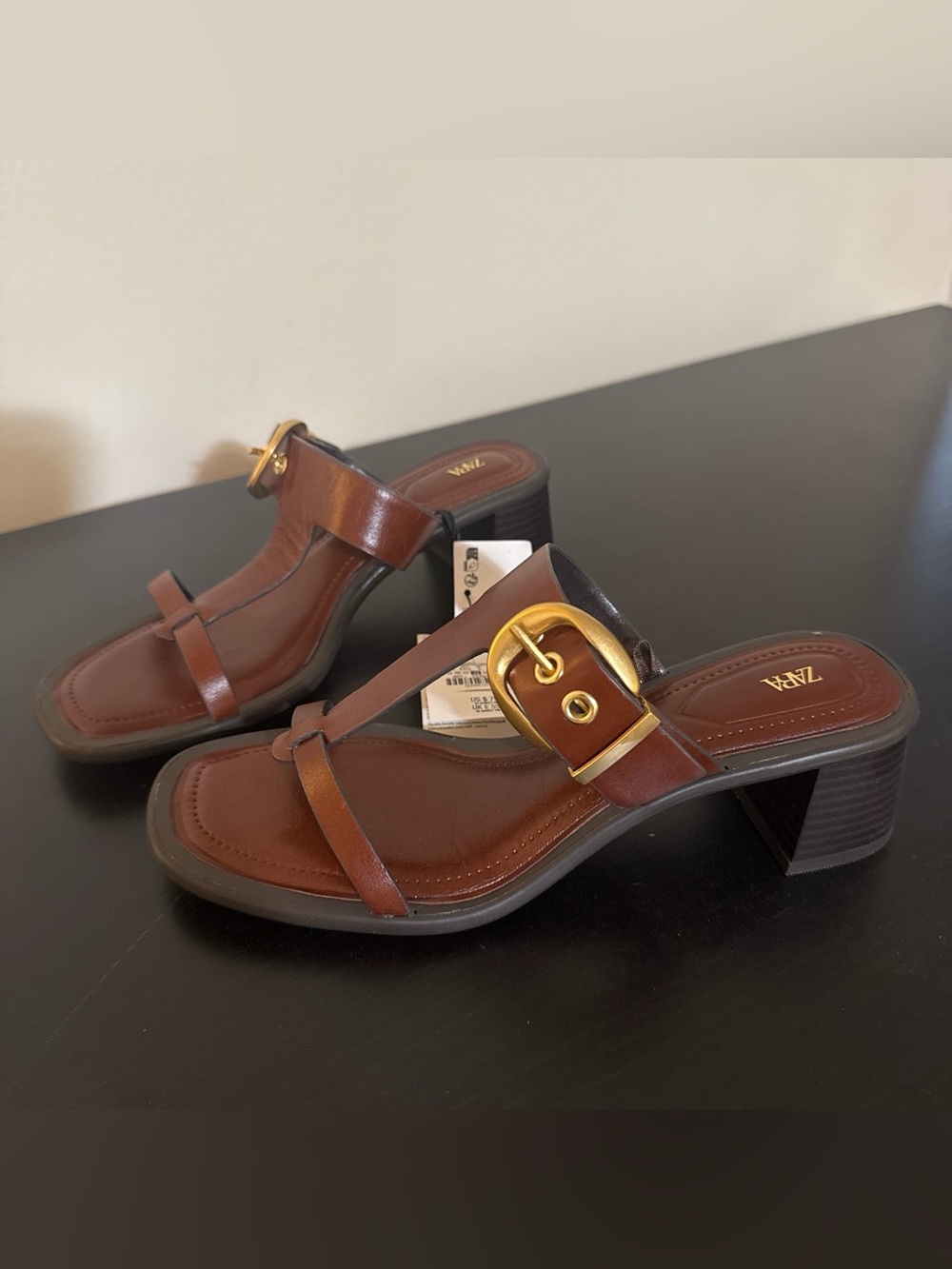 ZARA Brown Leather Mid-Heel Sandals with Gold Buckle